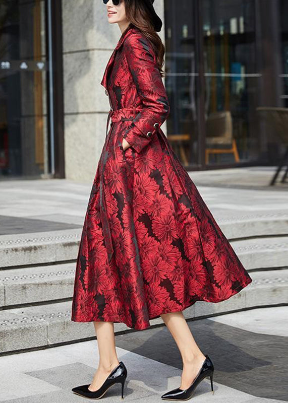 Jacquard Red Peter Pan Collar Tie Waist Patchwork Cotton Long Trench Coat Fall