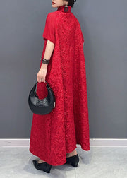 Jacquard Red Stand Collar Tulle Patchwork Vacation Long Dresses Short Sleeve