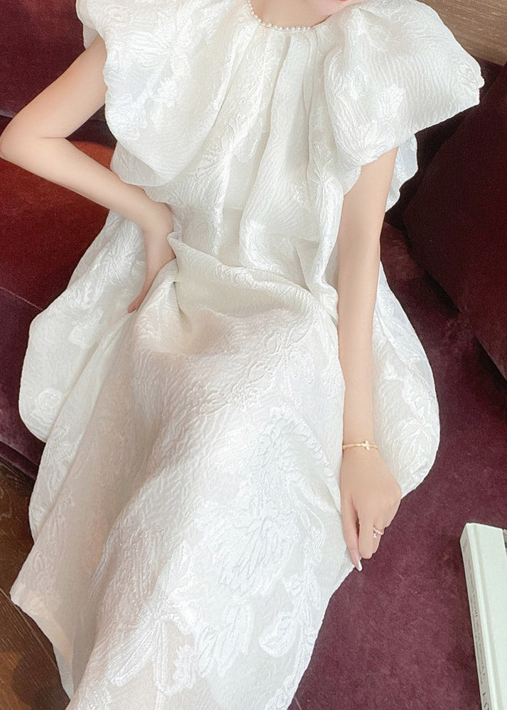 Jacquard White O-Neck Silk Long Dresses Short Sleeve