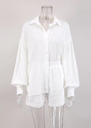 Jacquard White Peter Pan Collar Button Cotton Shirt And Shorts Two Piece Set Summer