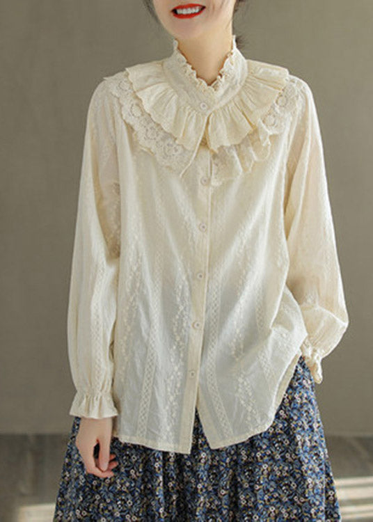 Jacquard White Ruffled Embroidered Lace Patchwork Button Cotton Shirt Long Sleeve