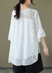 Jacquard White Solid Embroidery Tulle Top Flare Sleeve