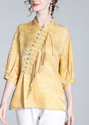 Jacquard Yellow Stand Collar Button Silk Shirt Long Sleeve
