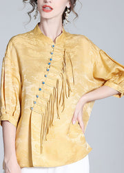 Jacquard Yellow Stand Collar Button Silk Shirt Long Sleeve