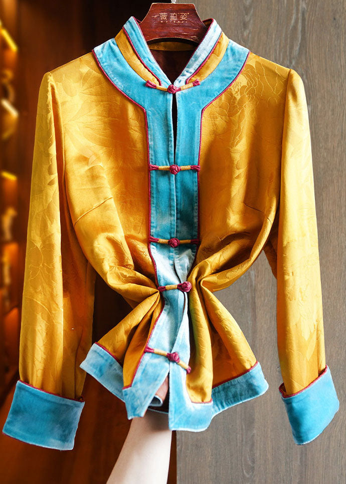 Jacquard Yellow Stand Collar Patchwork Button Silk Shirt Long Sleeve