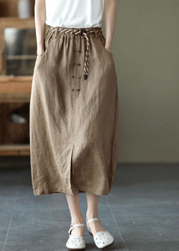 Khaki Asymmetrical Design Patchwork Summer Ramie A Line Skirt - SooLinen