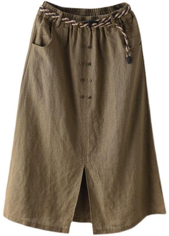 Khaki Asymmetrical Design Patchwork Summer Ramie A Line Skirt - SooLinen