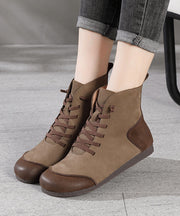 Khaki Boots Art Splicing Cowhide Leather Comfy Cross Strap Boots