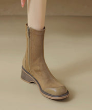 Khaki Boots Chunky Elastic Fabric Boutique Splicing Zippered