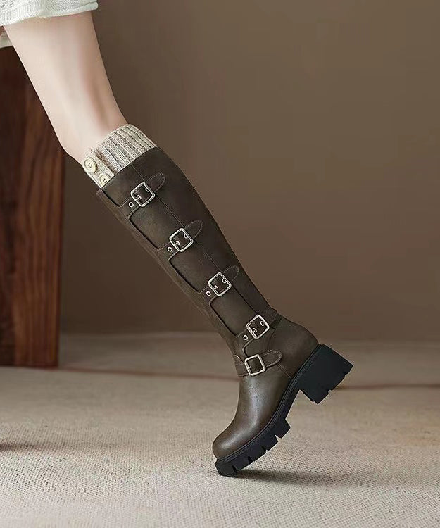 Khaki Boots Platform Faux Leather Chic Splicing Belt Buckle
