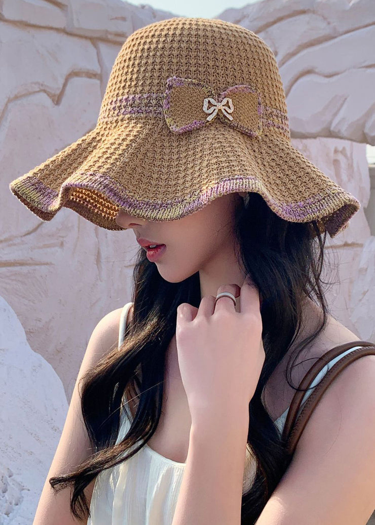 Khaki Bow Patchwork Knit Hollow Out Bucket Hat