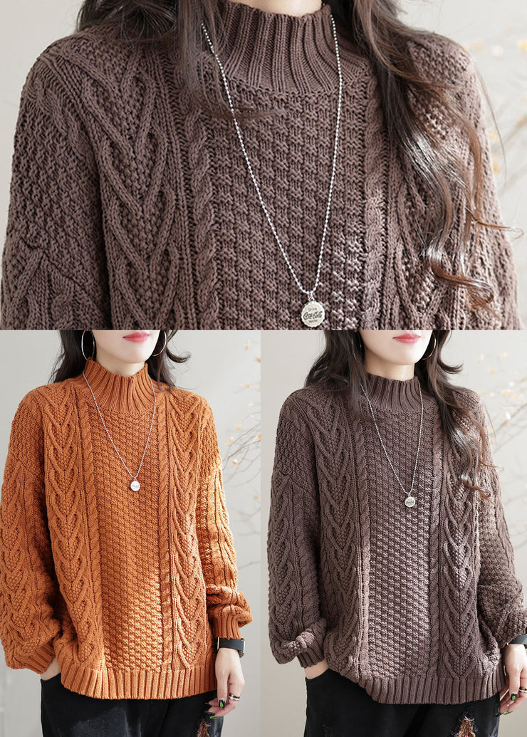 Khaki Cable Knit Sweater Tops High Neck Oversized Winter