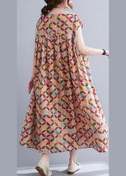 Khaki Cotton Original Dresses O-Neck Wrinkled Short Sleeve