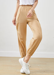 Khaki Cotton Pants Trousers Elastic Waist Pockets Fall