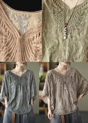 Khaki Cotton T Shirt Tops V Neck Embroideried Batwing Sleeve