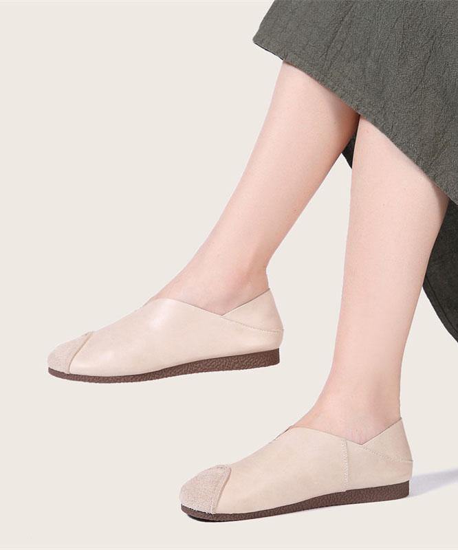 Khaki Cowhide Leather Flats Splicing Flat Feet Shoes - SooLinen