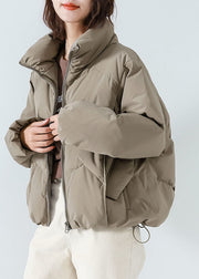 Khaki Duck Down Puffer Jacket Stand Collar Zip Up Drawstring Long Sleeve