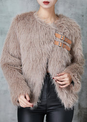 Khaki Faux Fur Jacket Oversized Side Open Winter