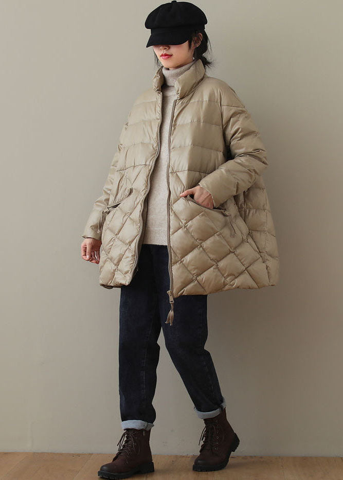 Khaki Fine Cotton Filled Parkaer Stand Collar Zip Up Solid Winter