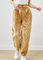 Khaki Fine Cotton Filled Silk Velour Pants Elastic Waist Winter