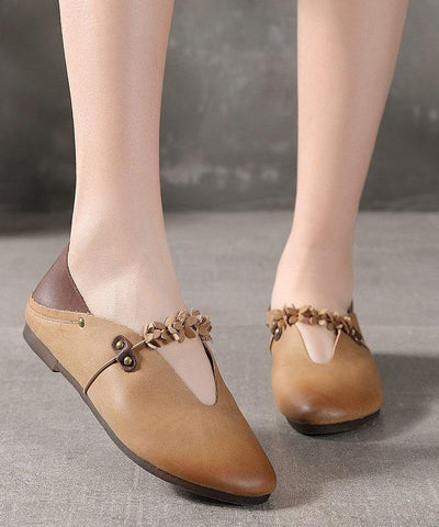 Khaki Flat Feet Shoes Cowhide Leather Boho Splicing Flat Shoes For Women - SooLinen