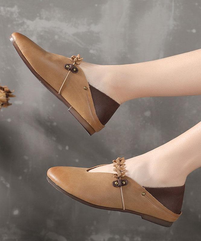 Khaki Flat Feet Shoes Cowhide Leather Boho Splicing Flat Shoes For Women - SooLinen