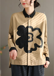 Khaki Floral print shirt Tops button low high design Long sleeve
