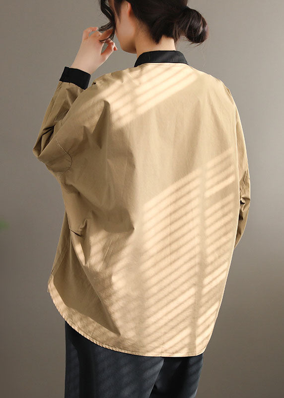 Khaki Floral print shirt Tops button low high design Long sleeve