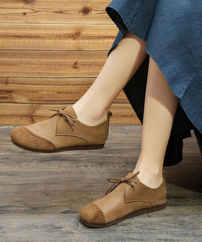 Khaki Genuine Leather Flat Shoes For Women Lace Up Splicing Flat Shoes - SooLinen