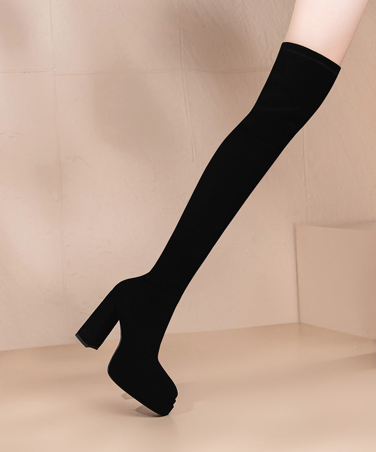 Khaki Knee Boots High Heel Suede Simple Splicing Zippered