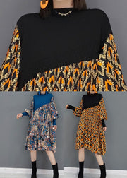 Khaki Knit Patchwork Chiffon Holiday Pleated Dress Spring