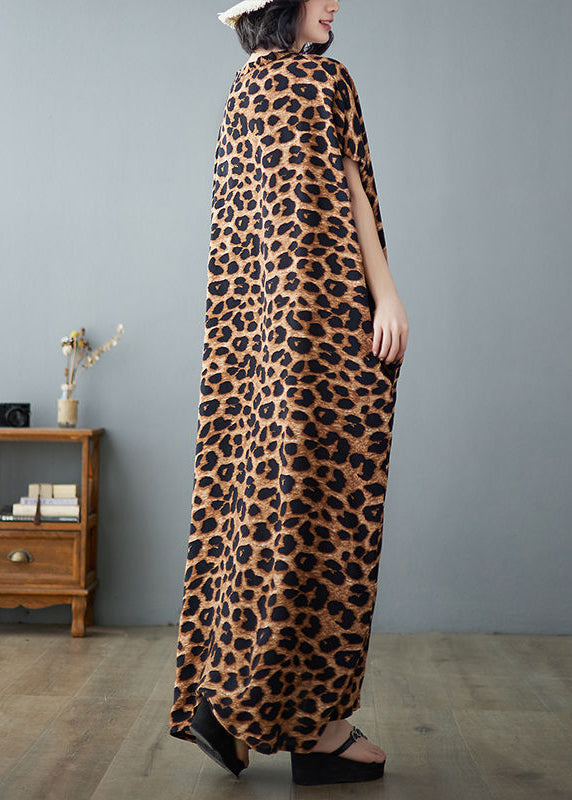 Khaki Leopard Print Linen Holiday Dress V Neck Summer