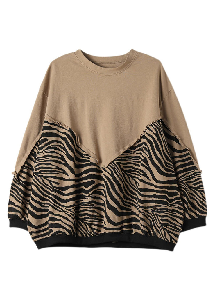 Khaki Leopard wrinkled Sweatshirt Streetwear Long Sleeve