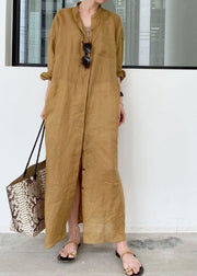Khaki Linen Long Dresses Stand Collar Oversized Spring