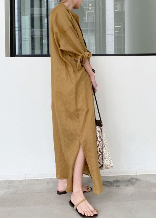 Khaki Linen Long Dresses Stand Collar Oversized Spring