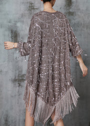 Khaki Loose Cotton Dresses Tasseled Sequins Spring