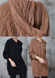 Khaki Loose Knit Sweatshirt Dress Hooded Winter