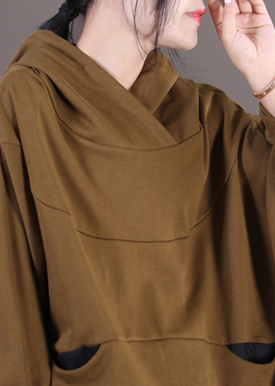 Khaki Low High Design Cotton Hooded Coat Long Sleeve