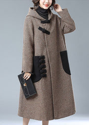 Khaki Oriental Woolen Trench Oversized Hooded Pockets Winter