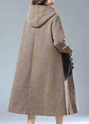 Khaki Oriental Woolen Trench Oversized Hooded Pockets Winter