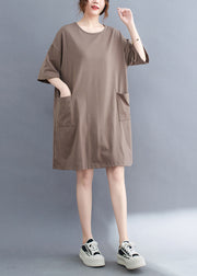 Khaki Oversized Cotton Dress O-Neck Pockets Summer
