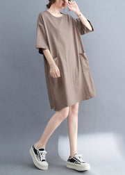 Khaki Oversized Cotton Dress O-Neck Pockets Summer
