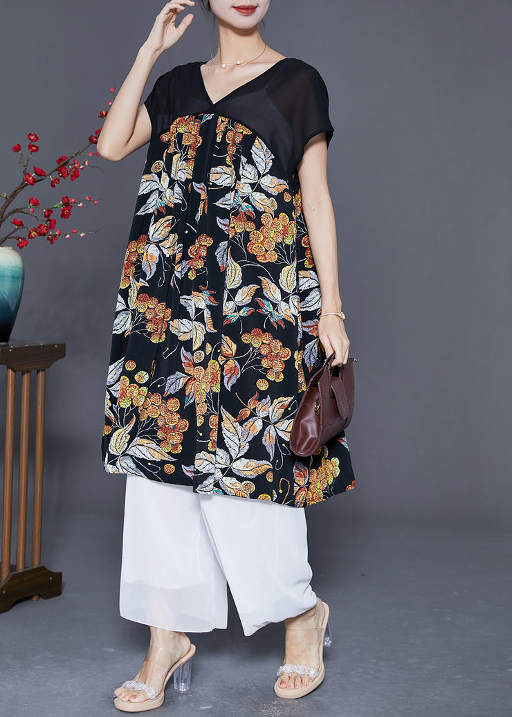 Khaki Patchwork Chiffon Long Dress Leaf Print Summer