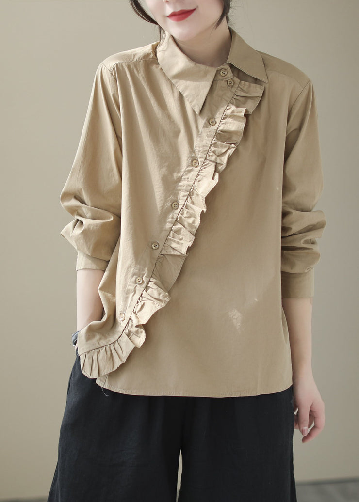 Khaki Patchwork Cotton Blouse Top Ruffled Long Sleeve
