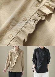 Khaki Patchwork Cotton Blouse Top Ruffled Long Sleeve