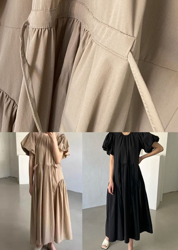 Khaki Patchwork Cotton Dresses Wrinkled Puff Sleeve