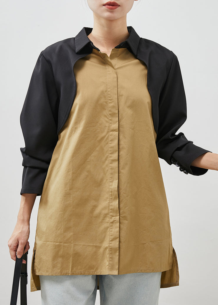 Khaki Patchwork Cotton Fake Piece Shirt Top Spring