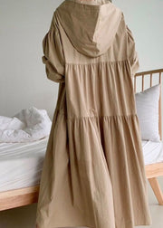 Khaki Patchwork Cotton Long Dresses Wrinkled Puff Sleeve