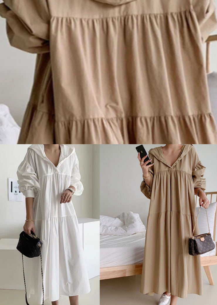 Khaki Patchwork Cotton Long Dresses Wrinkled Puff Sleeve