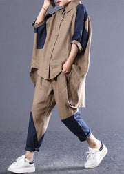 Khaki Patchwork Cotton Loose Two Pieces Set Low High Design Batwing Sleeve